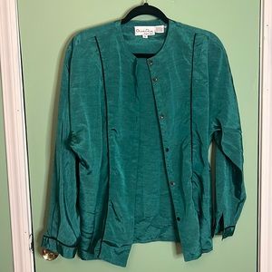 Oscar de la Renta turquoise green button up shiny top